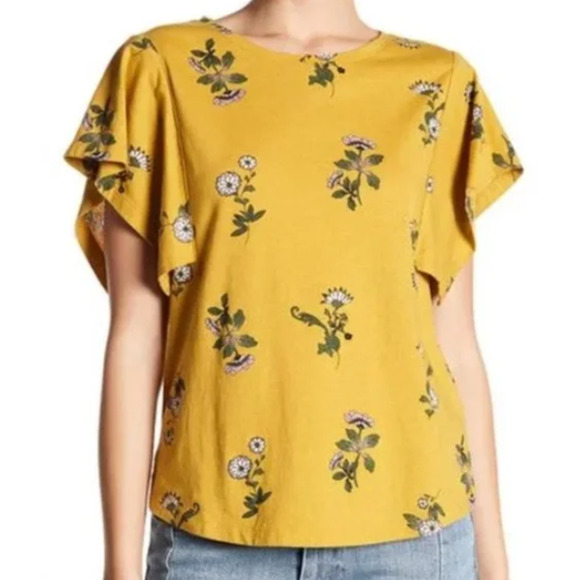 Melrose and Market Flutter Sleeve Floral Print Tee Top Mustard Yellow Womens XS - Picture 1 of 6